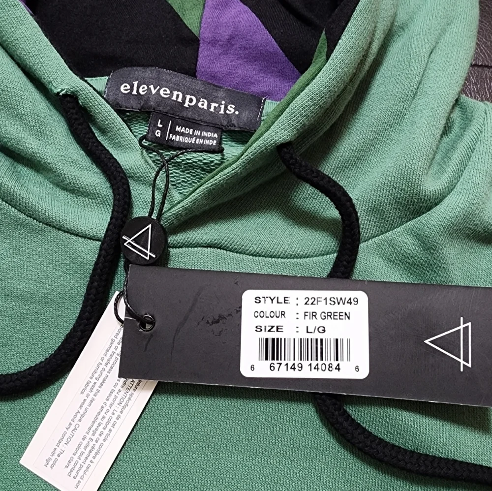 Eleven Paris Graphic Sweatshirt Long Sleeve Men's Drawstring Hoodie Fir green L - Picture 3 of 9